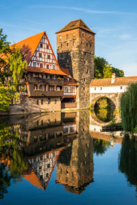 Old timbered houses and hanging tower, Nuremberg, Middle Franconia, Bavaria, Germany, Europe Old timbered houses and hanging tower, Nuremberg, Middle Franconia, Bavaria, Germany, Europe